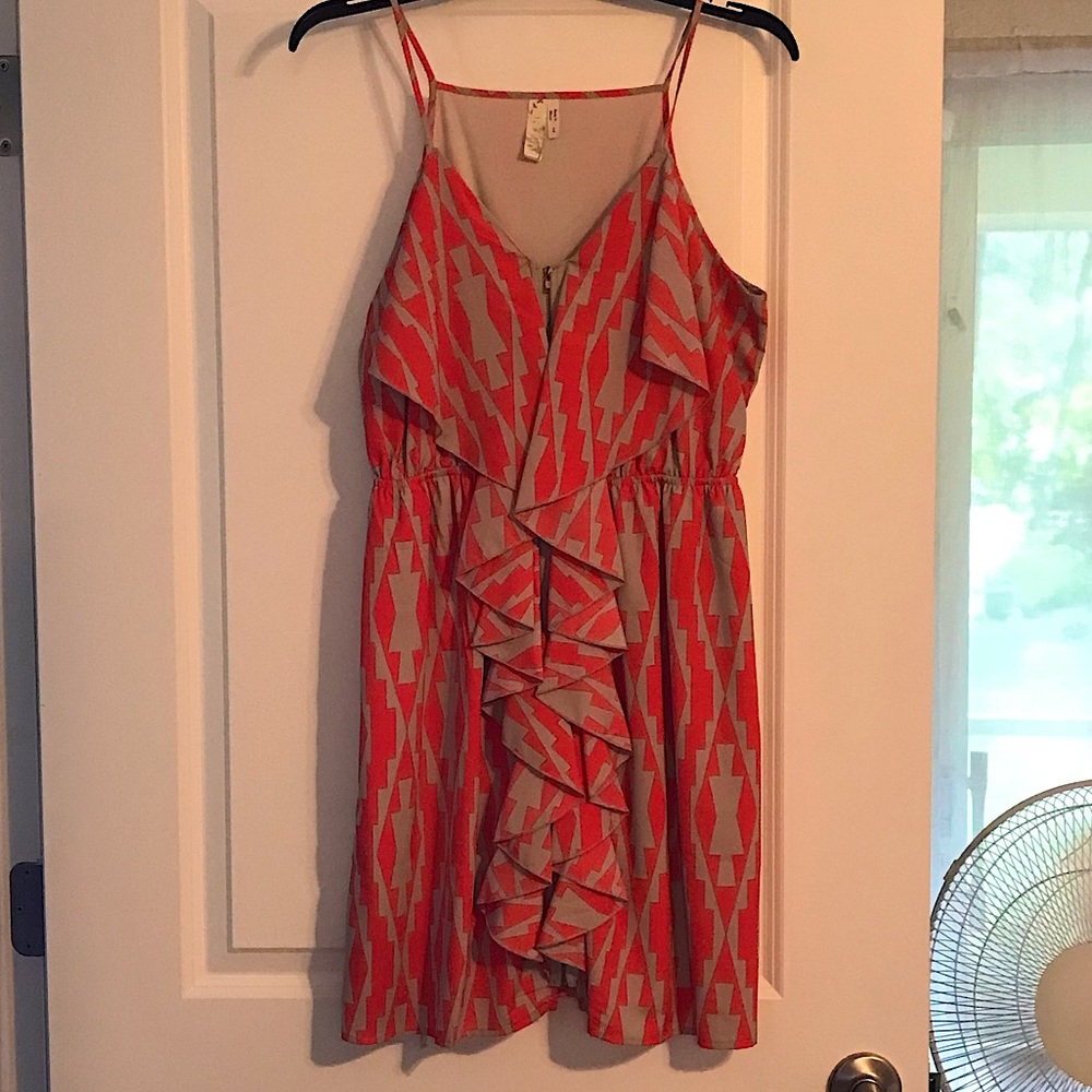 Francesca‘s Coral any Gray Zipper Spaghetti Strap Knee Length Dress Size L